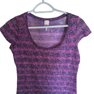 Rue21 Pink and Purple Patterned Short Sleeve Burnout Top